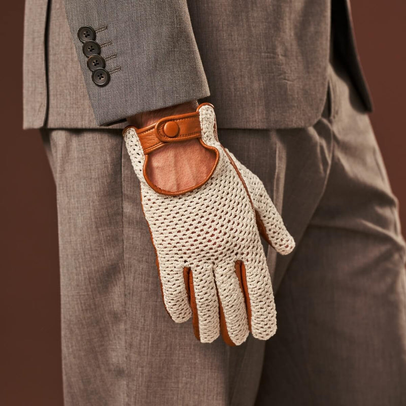 Arturo (cognac) - Hand-sewn Italian crochet driving gloves from lambskin leather