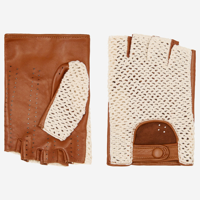 Daniella (cognac) - Hand-sewn Italian crochet driving gloves from lambskin leather