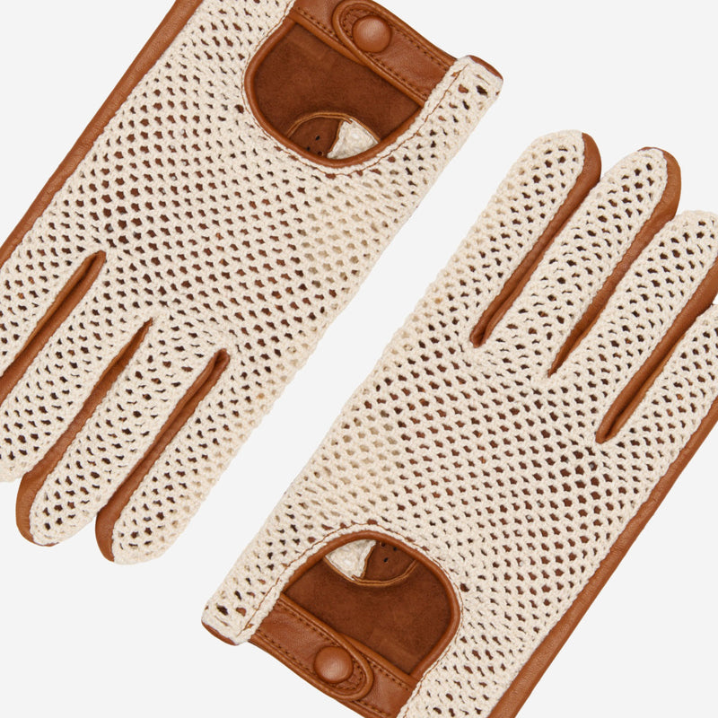 Valeria (cognac) - Hand-sewn Italian crochet driving gloves from lambskin leather