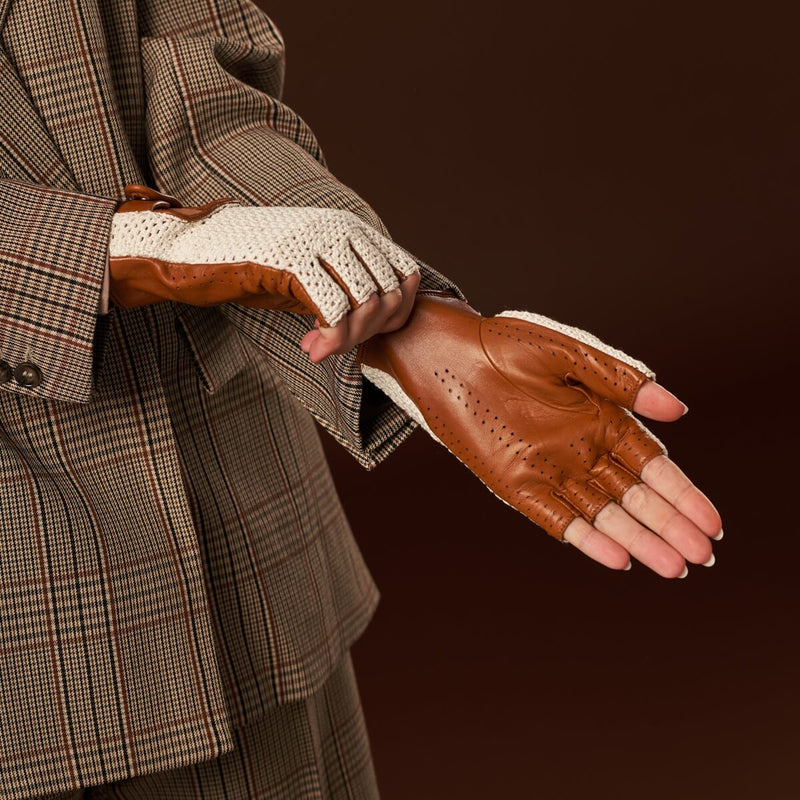 Daniella (cognac) - Hand-sewn Italian crochet driving gloves from lambskin leather