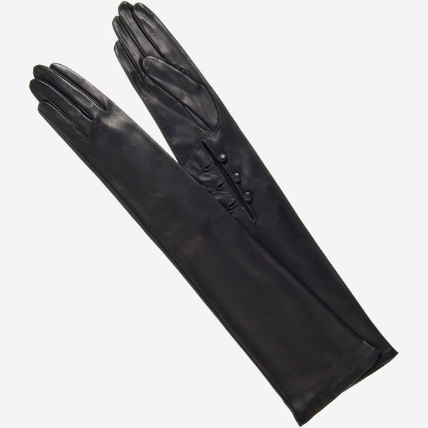 Elena (black) - Italian silk lined 12-button length leather opera gloves