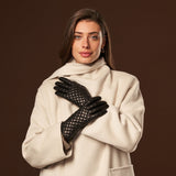 Emilia (black) - classic Italian lambskin leather gloves with cashmere lining and checkered pattern