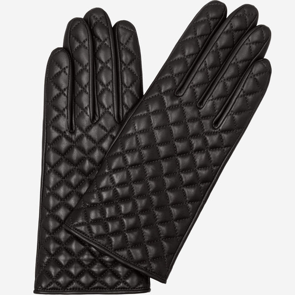 Emilia (black) - classic Italian lambskin leather gloves with cashmere lining and checkered pattern