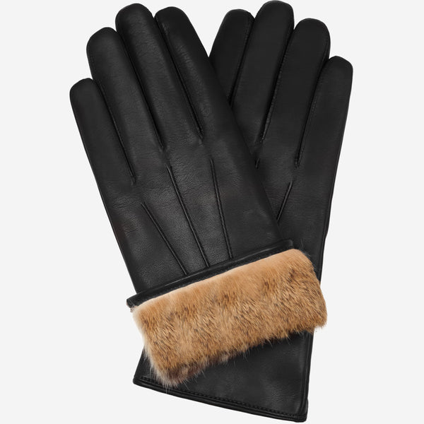 Francesca (black) - Italian lambskin leather gloves with brown rabbit fur lining