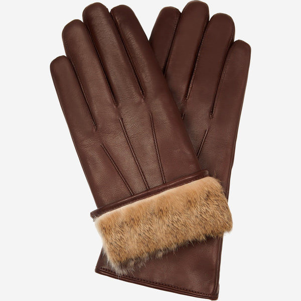 Francesca (brown) - Italian lambskin leather gloves with brown rabbit fur lining