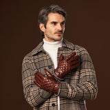 Luca (brown) - Italian lambskin leather gloves with cashmere lining and checkered pattern