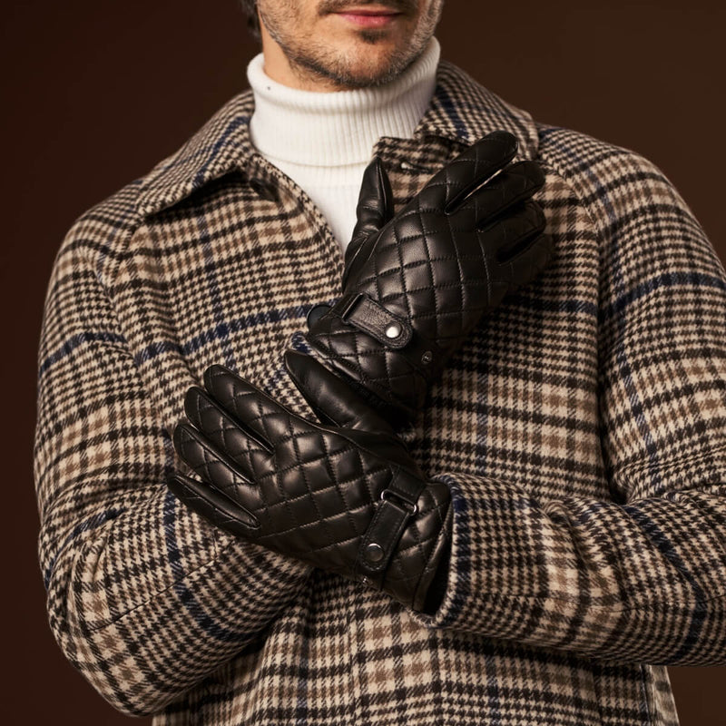 Luca (black) - Italian lambskin leather gloves with cashmere lining and checkered pattern