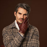 Luca (brown) - Italian lambskin leather gloves with cashmere lining and checkered pattern