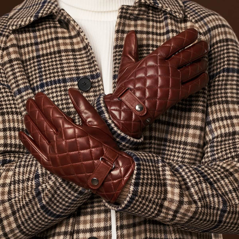 Luca (brown) - Italian lambskin leather gloves with cashmere lining and checkered pattern