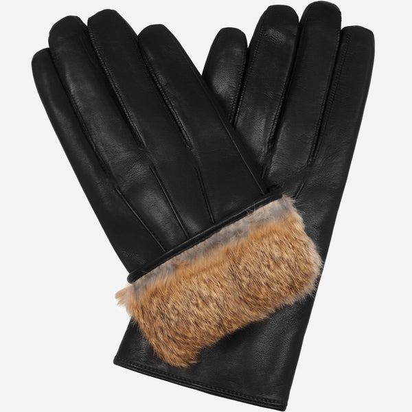 Marco (black) - Italian lambskin leather gloves with brown fur lining