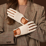 Valeria (cognac) - Hand-sewn Italian crochet driving gloves from lambskin leather