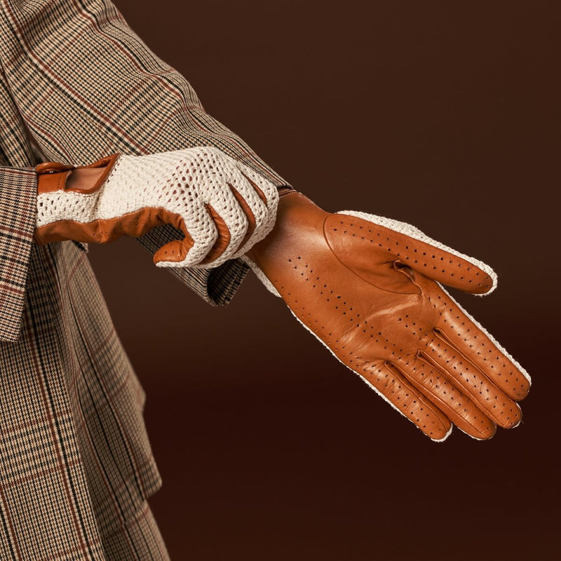 Valeria (cognac) - Hand-sewn Italian crochet driving gloves from lambskin leather