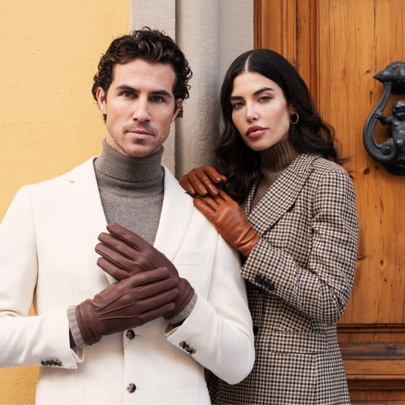 Men's Leather Gloves Brown - White Rabbit Fur - Handmade in Italy