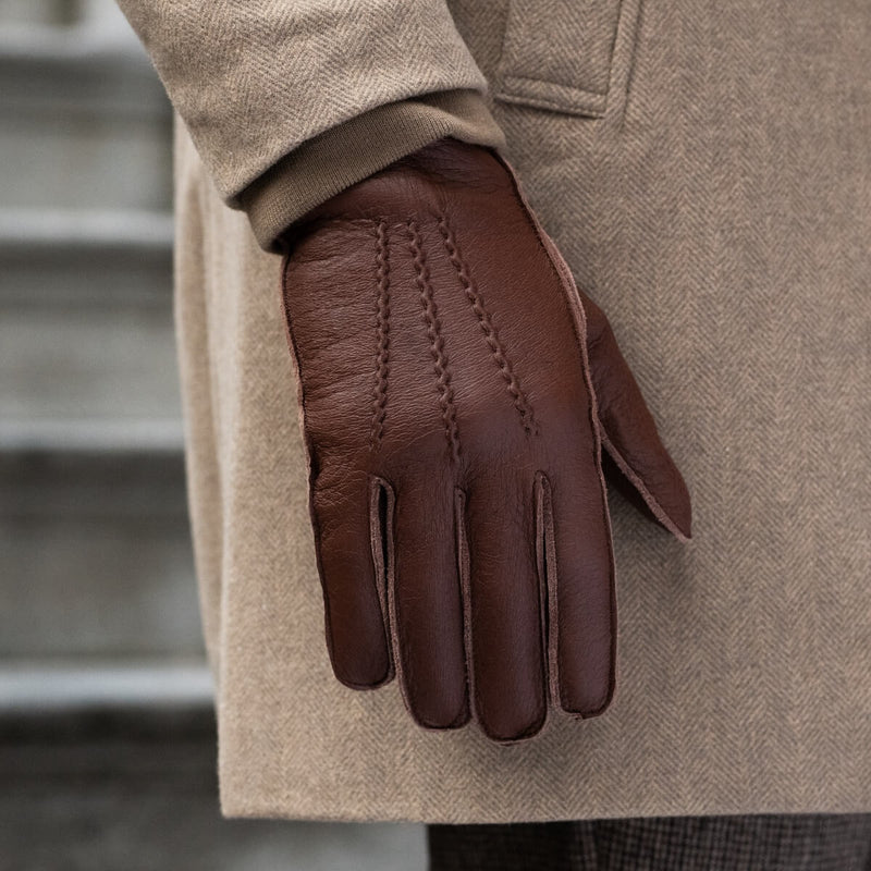 Brown Leather Gloves - American Deerskin - Rabbit Fur Lining