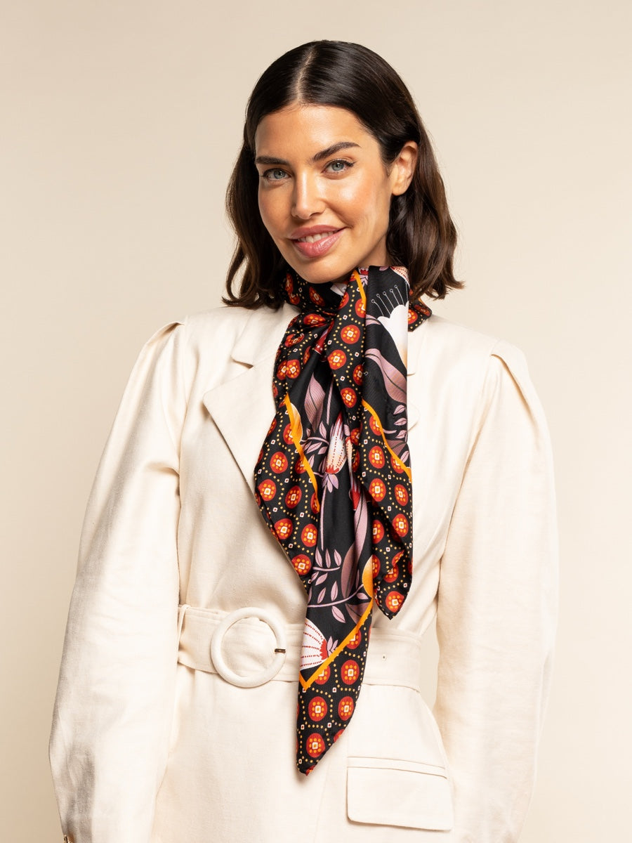 Bruna (black/orange)- soft and lightweight Italian foulard from pure s ...