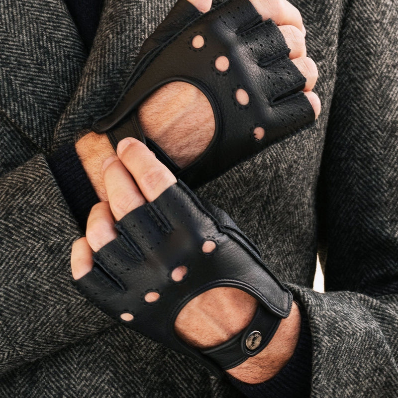 Men's FINGERLESS Leather Gloves BLACK Deerskin Leather -  Israel